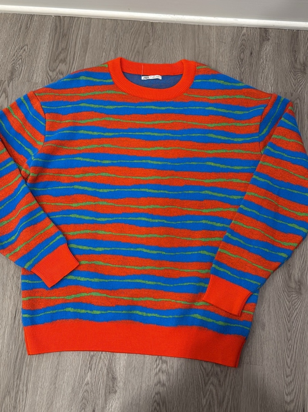 Zara Orange Crewneck Sweater with Blue and Green Stripes